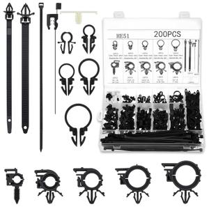 200Pcs Car Wire Loom Routing Clips Assortment, Nylon Car Push Mount Cable Tie Black Push Mount Zip Ties Wire Loom Clips Harness Clip Replacement Parts for Automotive