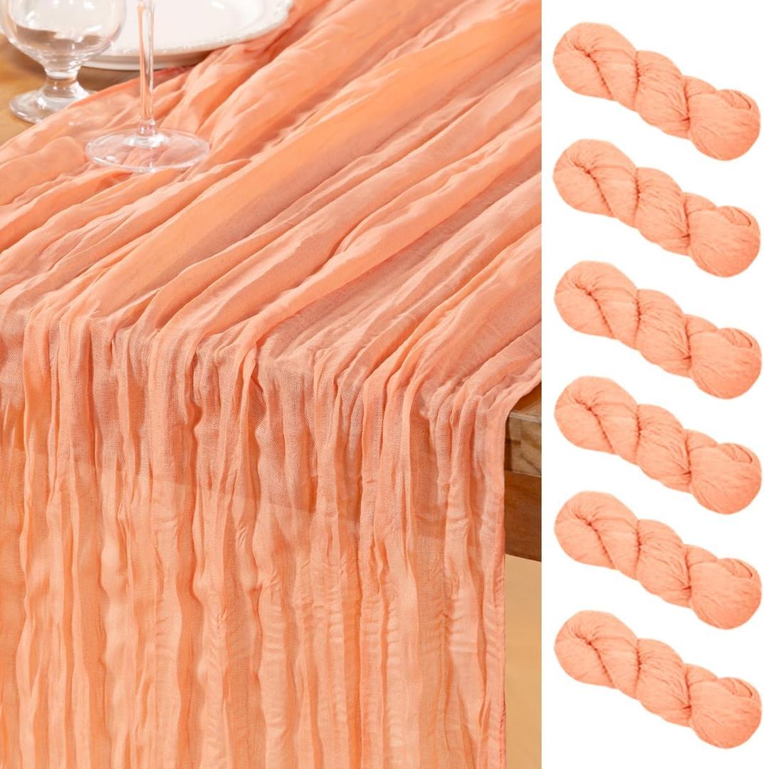 DeZerlor Peach Cheesecloth Table Runner 6 Pack Spring Easter Table Runners Boho Gauze 120 Inches Cheese Cloth Table Decor for Wedding Bridal Baby Shower Parties