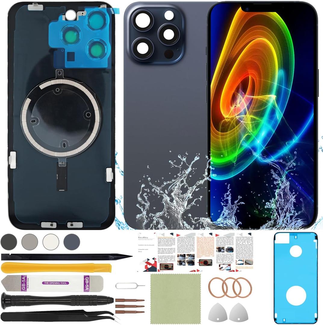 Back Cover Replacement Compatible with iPhone 15 Pro All Carriers 6.1" + Pre-Installed Plate and Camera Frame + Professional Tools (Blue)