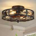 Rustic Black Caged Flush Mount Ceiling Fans with Lights and Remote Vintage Low Profile Bladeless Ceiling Fan, Reversible Motor, E26 Bulbs, 6 Speeds,for Farmhouse, Living Room, and Bedroom