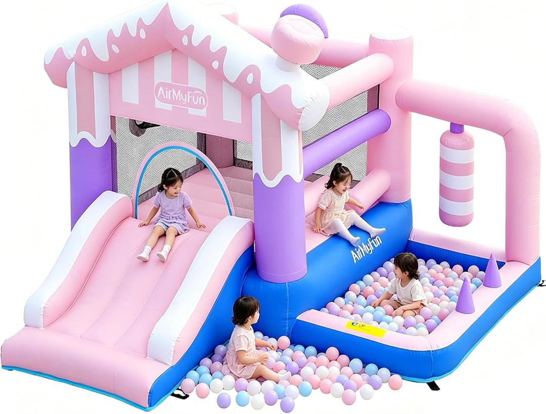 AirMyFun Pink Ice Cream Themed Inflatable Bounce House for Kids - Indoor/Outdoor Jumping Castle with Slide, Ball Pit, Wrecking Ball & Bounce Area, Durable Party Playground for Toddlers Boys Girls