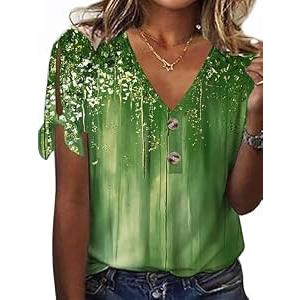 HOMEYEE Women's Summer All Over Print Casual V-Neck T-Shirt Tops with Button Detail (Green, S)
