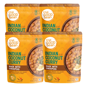 The Good Bean Heat and Eat Pouch - Indian Coconut Curry - (4 Pack) 10 oz Pouch - Simmered Chickpeas with Coconut Milk - Pre-Cooked Beans with Good Source of Plant Protein and Fiber Best by: 6/21/26