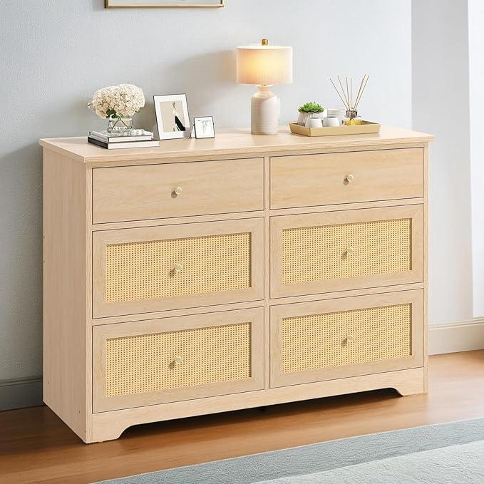 YITAHOME Rattan Dressers & Chests of Drawers, 6 Drawer Modern Closet Dresser, Wood Color