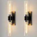 Black Brass Bathroom Wall Sconce - Set of 2 Modern Linear Light Sconces - Clear Glass Tube Vanity Lights - Vertical or Horizontal Mounted Dimmable Lighting Fixtures for Indoor Living Room Hallway