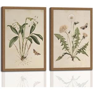 2ps Framed Botanical Wall Art Vintage Farmhouse Floral Canvas Painting Prints Artwork for Bathroom Walls Rustic Flower Butterfly Pictures for Kitchen Bedroom Hallway Home Decor 16x24in