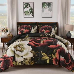Dintszyayue Black Comforter Set Queen Size, 7 Pieces Floral Bed in a Bag Set, Texture Red Flower Bedding Sets, Soft Microfiber for All Season with Flat Sheet Fitted Sheets Pillowcases and Shams