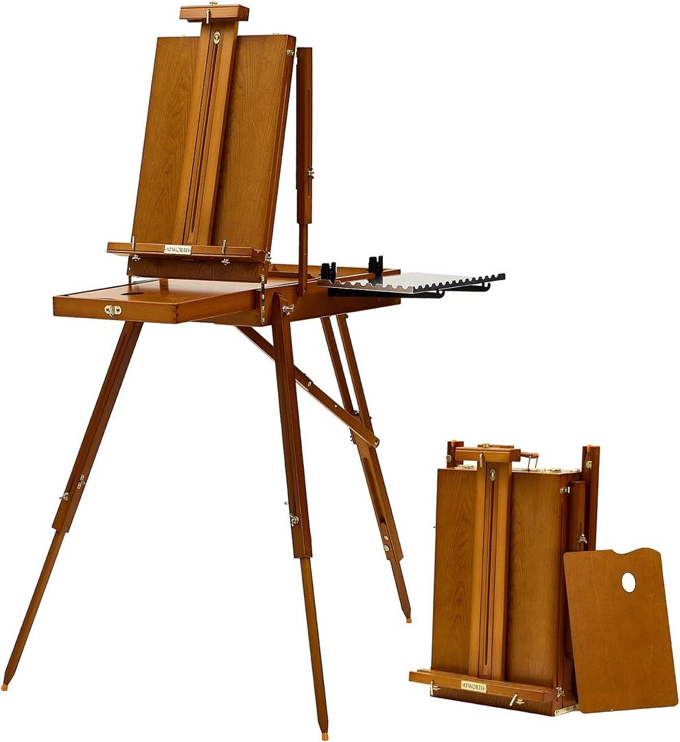 ATWORTH French Easel for Painting, Deluxe Beech Wooden Field & Studio Sketchbox Easel Stand with Metal Side Tray, Portable& Easy Transport for Painting Outdoor, Holds Canvas up to 34"- Light Walnut