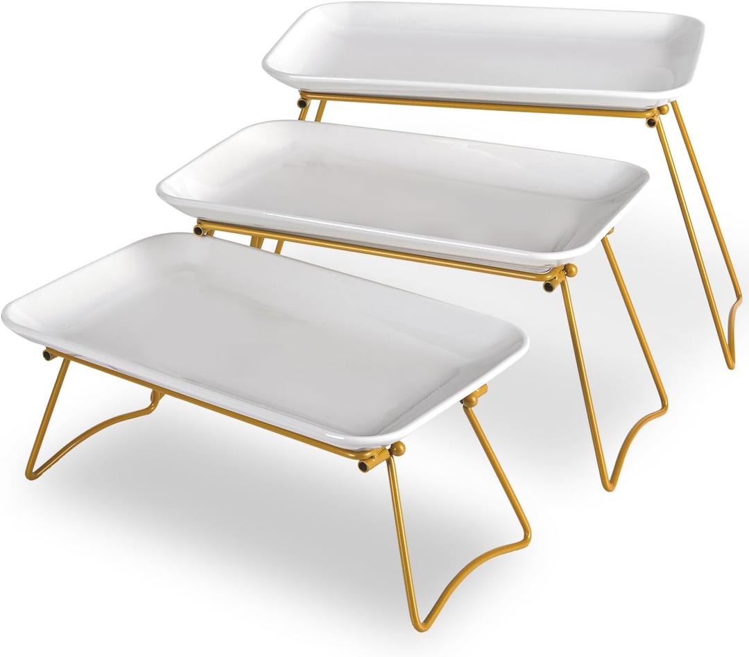HAPPY KIT 3 Tier Serving Tray Set with Gold Freely Combinable Rack,12 Inch Tiered Tray Stand,Widened Porcelain Platters,Decor Cupcake Stand for Christmas Party Display,Dessert Trays Collapsible (12.5" x 17" x 8.5")