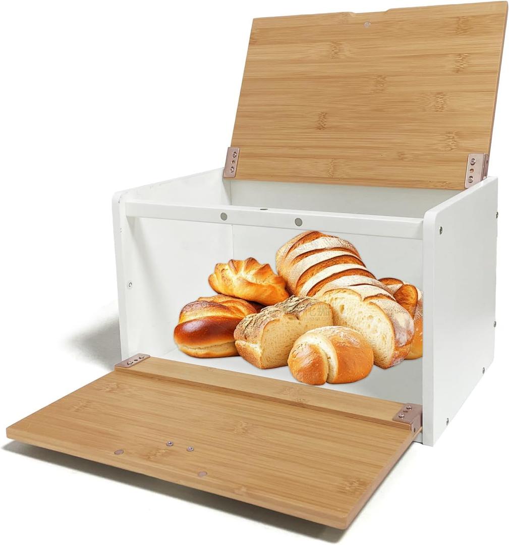 MinBoo Bread Box - Bamboo Bread Box for Kitchen Countertop, Large Capacity Kitchen Countertop Organizer Storage Bread Container Keep Fresh 14.1"x9"x8.3" (Need Assembly) (white&Bamboo)