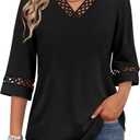 Womens Tops Eyelet Lace V Neck Bell Sleeve Blouses Dressy Casual Work Shirt 2026 Summer Spring Fashion Clothing (Black, XXL)