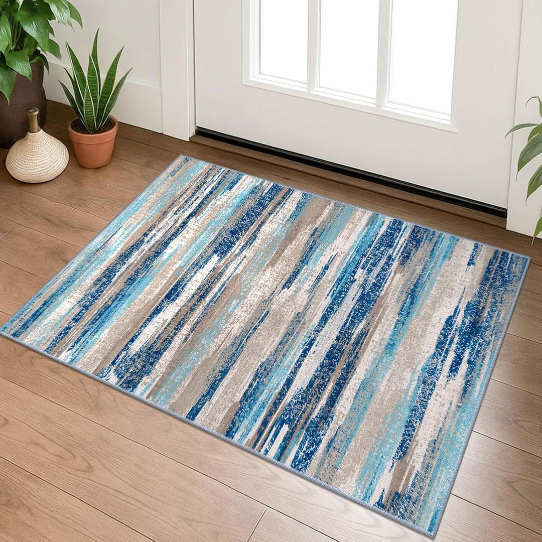 Small Abstract Area Rug, Entryway Rug Washable Door Mat Indoor Entrance, 2x3 Washable Rug Non-Slip, Soft Blue Kitchen Rugs Thin Print Faux Wool Floor Carpet Throw Rugs for Foyer Front Door Sink (Blue Aqua/Beige Taupe Multi)