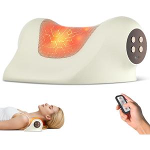 Neck Massager with Heat, Red Light & Vibration Adjustable, Heated Neck Stretcher with 3 Modes, Rechargeable Cervical Traction Device for Pain Relief & Muscle Relaxation, Gift for Women Men