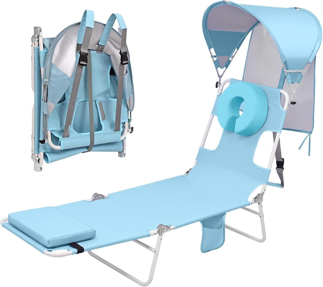 Backpack Beach Tanning Lounge Chair with Canopy Shade Face Hole Padded Adjustable Washable, 6 Position Layout Chair for Outside Sunbathing Poolside Lawn, UPF 50+ Wind-Resistant Sun Shade, Patented, 5' 9.3" x 1' 7.75" x 0' 9.5"