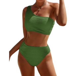 Bikini Sets for Women High Waisted 2 Piece Bestselling Swimsuit Ribbed One Shoulder Tummy Control Bathing Suit 2025 (Small, Army Green)