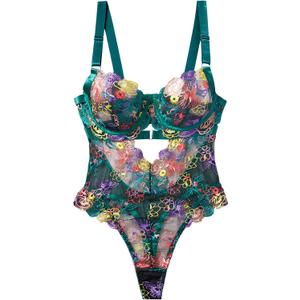 FEOYA Women Lingerie Sexy Floral Lace Bodysuit Deep V Strappy Mesh Corset One Piece XL (Green)