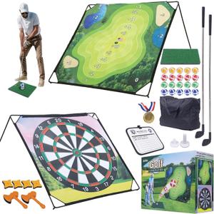 Golf Chipping Game with Hitting Mat, 70"x70" Double-Sided Mat with Classic Darts Game, Portable Outdoor/Indoor Practice Set for Adults, Comprehensive Accessories for Junior Golfer