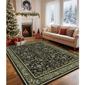 GarveeHome Christmas Rugs 5x7 Washable Area Rugs for Living Room, Boho Vintage Rug Non Slip Low Pile Stain Resistance Indoor Soft Large Holiday Carpet for Bedroom Dining Room Office Green Black