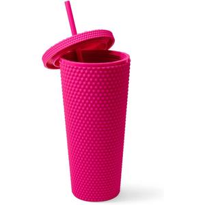 Matte Studded Tumbler with Lid & Straw, Reusable BPA Free Plastic Water Bottle, Travel Friendly Water/Iced Coffee/Cold Brew/Smoothie Textured Cold Cup, 24oz (Fuchsia)