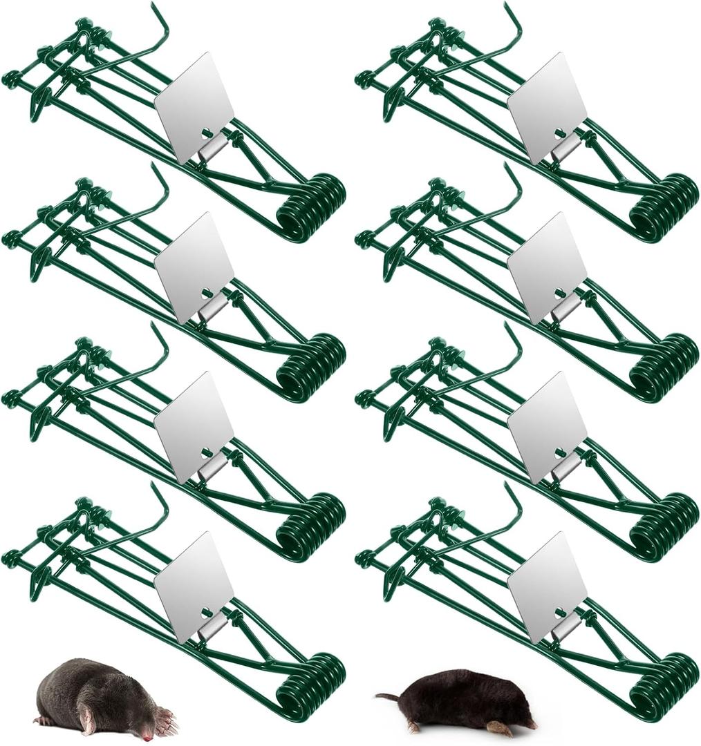 Metal Mole & Gopher Trap - Reusable Tactical Mole Gopher Killer Outdoor Vole Traps for Voles, Gophers, Rats, Ground Moles - Yard Garden Lawn Protection, Pack of 8, Green