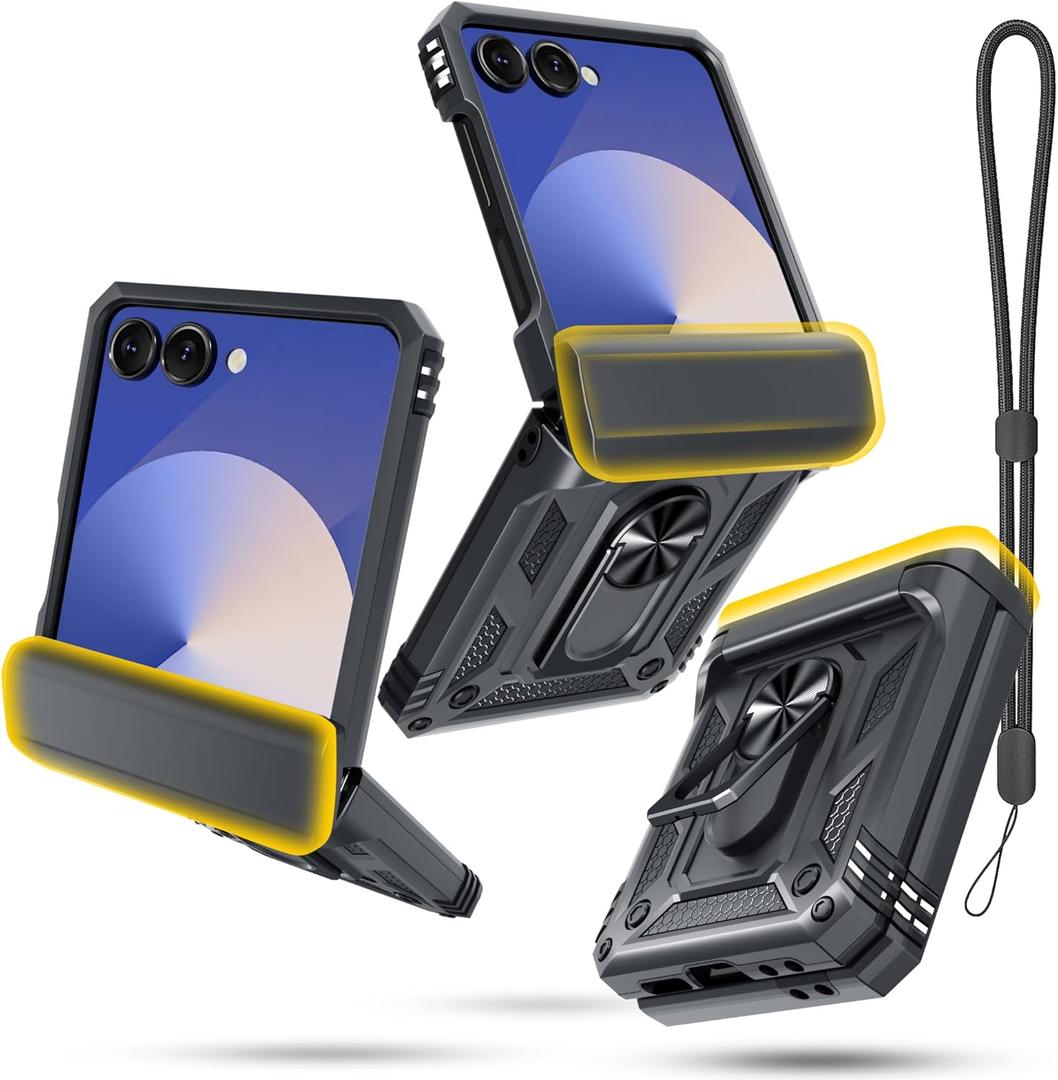 Janmitta Compatible with Samsung Galaxy Z Flip 7 Case+Hinge Protection+Ring Kickstand,Heavy Duty Full Body Phone Cover with Wrist Strap Lanyard,2025 Black