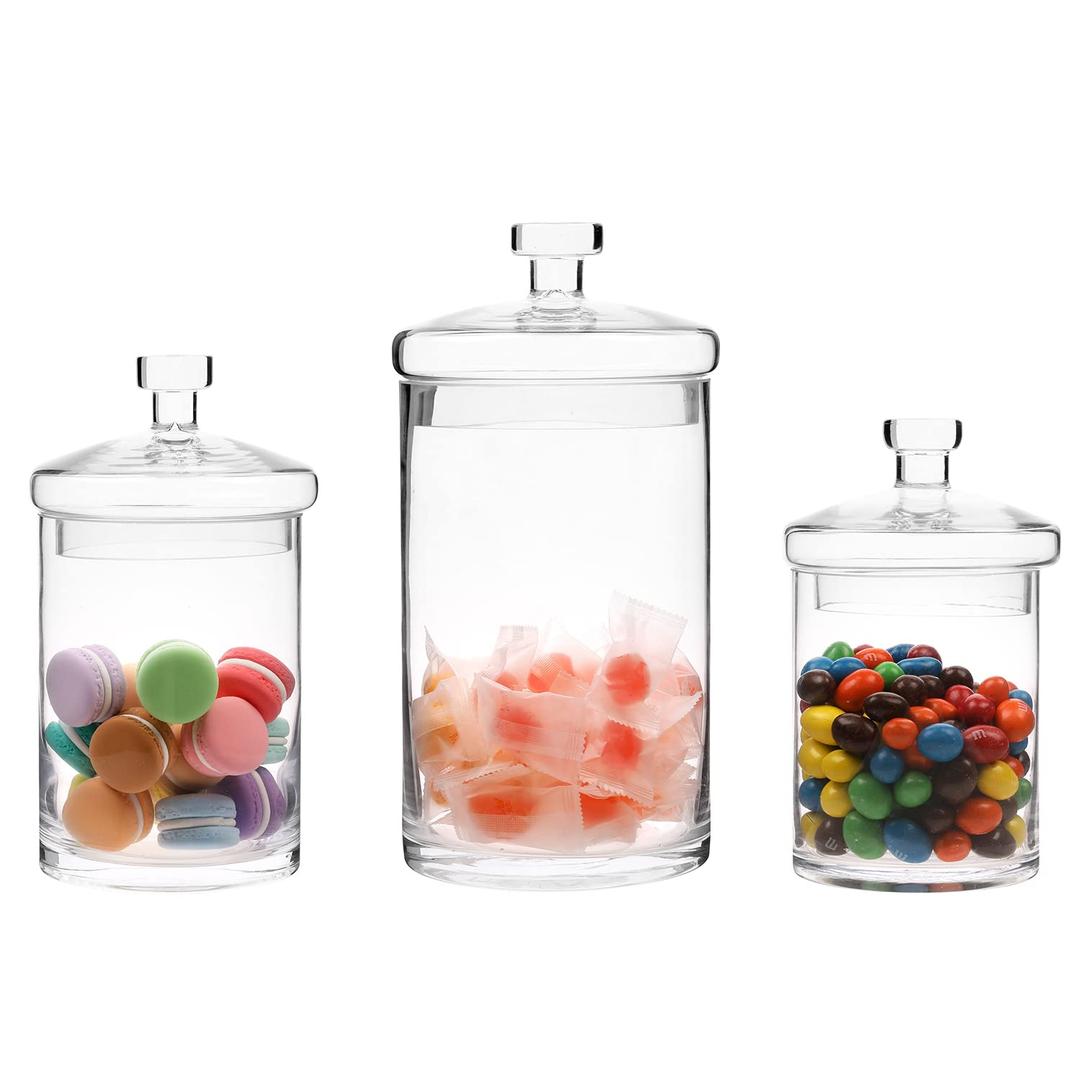 MyGift Glass Apothecary Jar Set with Clear Lid - Decorative Kitchen and Bath Storage Canisters, Wedding Centerpiece Jars, Candy Buffet with Lids
