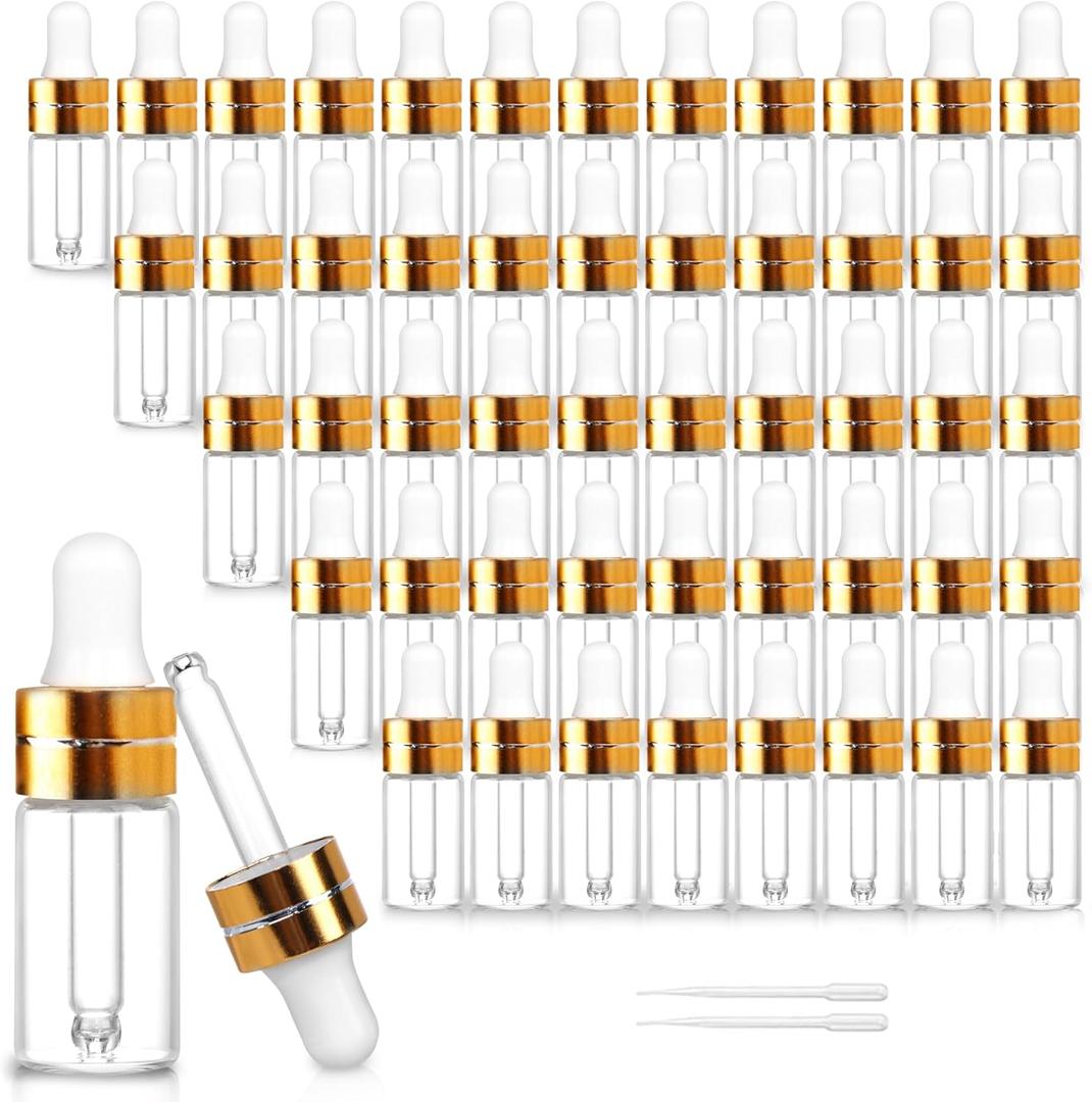50 Pack 3ml Clear Glass Dropper Bottles with 2 Pcs Plastic Droppers, Mini Sample Dropper Bottles for Essential Oils Perfume Cosmetic Liquid, Empty Travel Sample Vials with Gold Cap