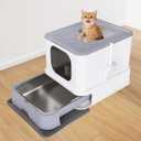 RIZZARI Stainless Steel Cat Box: Large Gray Enclosed Design Litter Pan - High-Edged & Teflon Coating - for Superior Odor Control & Easy-Clean Drawer - Ideal for Multi-Cat Homes Garage