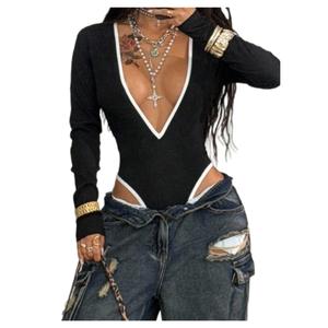 Milumia Women's Sexy Deep V Neck Long Sleeve Bodysuit Tee Tops