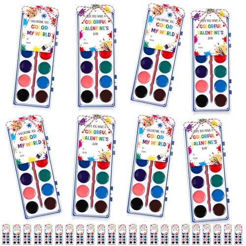 Sabary 32 Pack Valentine Watercolor Paint Sets Valentine's Day Washable Watercolor Paints with Gift Cards and 20 Meters Rope for Classroom Exchange Gifts Valentine Party Favors Art Activities