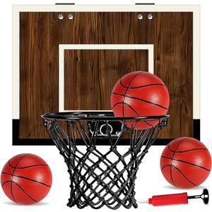 Laapee Indoor Basketball Hoop Mini Set – Wall Mount，Over The Door Dark Wood Backboard & Iron Rim, AntiShock Padding, 3 Balls & Air Pump, 16"x12"x3" (NoScore Version)