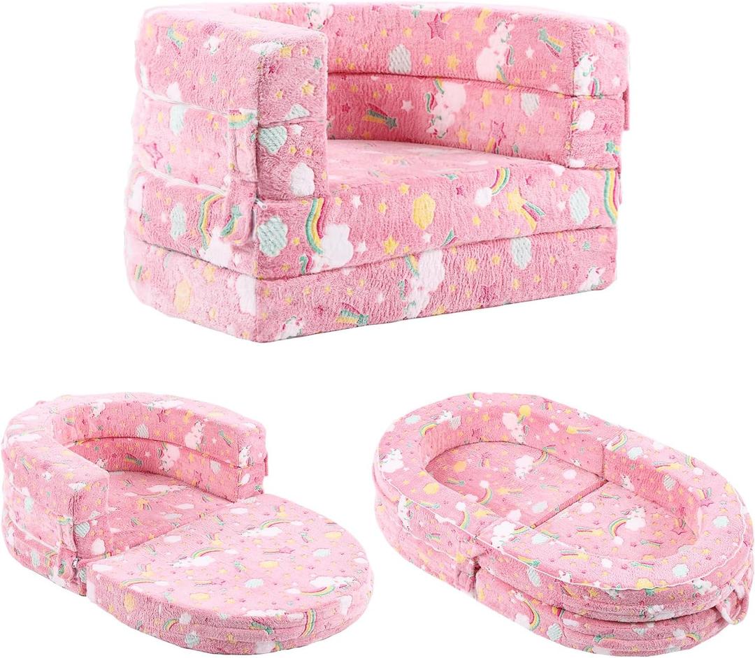 Tiita 3-in-1 Kids Sofa Bed, Comfy Couch Plush Toddler Chair Bed, Convertible Toddler Travel Beds, Folding Kids Couch with Washable Cover Carrying Handle for Girls and Boys (Pink Rainbow-1)