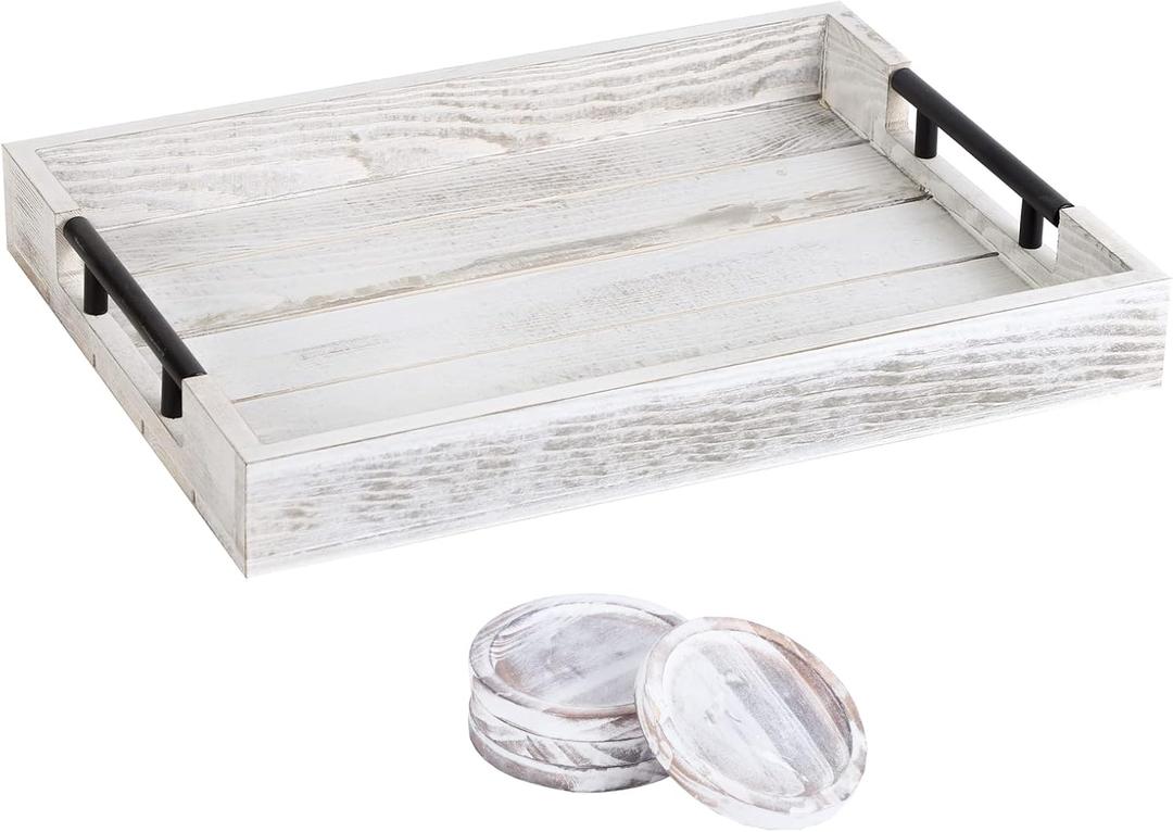 Wooden Serving Ottoman Tray With 4 Coasters, Breakfast Tray With Handles, Home Decor for Living Room, Coffee Table