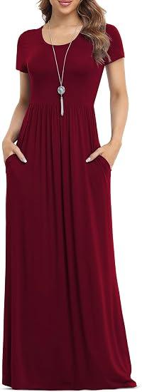 VIISHOW Women's Short Sleeve Floral Dress Loose Plain Maxi Dresses Casual Long Dresses with Pockets, RED, XX-Large