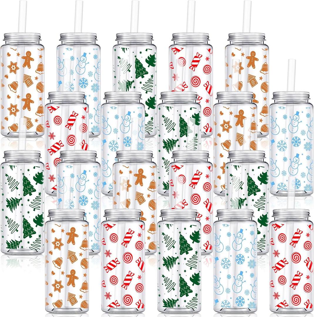 Layhit 20 Pcs Christmas Reusable Cups Bulk 13.5 oz Plastic Mason Jar Drinking Holiday Cups with Lid and Straw Coffee Tea Hot Cocoa Beverage Tumbler for Adults Xmas Party (Novel)