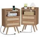 SUPERJARE 2 Drawer Night Stand with Charger Station, Boho Rattan Nightstand Set of 2, 25.2 Inch Tall Bed Side Table with Solid Wood Feet, End Table, Open Storage, Synthetic Rattan, Walnut