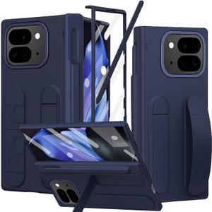 for Google Pixel 10 Pro Fold Case with S Pen Holder & Stylus, Hand Strap Phone Case with Kickstand, Hinge Protection, Screen Protector, Wrist Strap Cover for Google Pixel 10 Pro Fold Blue