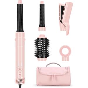 MaxAIR 2.0 Dual Voltage Hair Dryer Brush Travel 5-in-1 Hot Air Hair Styler with Auto Wrap Curlers, Air Straightener Adds Shine, Smooth, Curl & Volume for Salon Blowout, Ionic Frizz Control, Pink