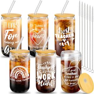 Pinkunn 6 Set Teacher Appreciation Week Gifts for Women Thank You Teacher Practitioner Birthday Gifts Glass Cups 16oz with Lids Straws Brushes, 6 Styles(Classic)