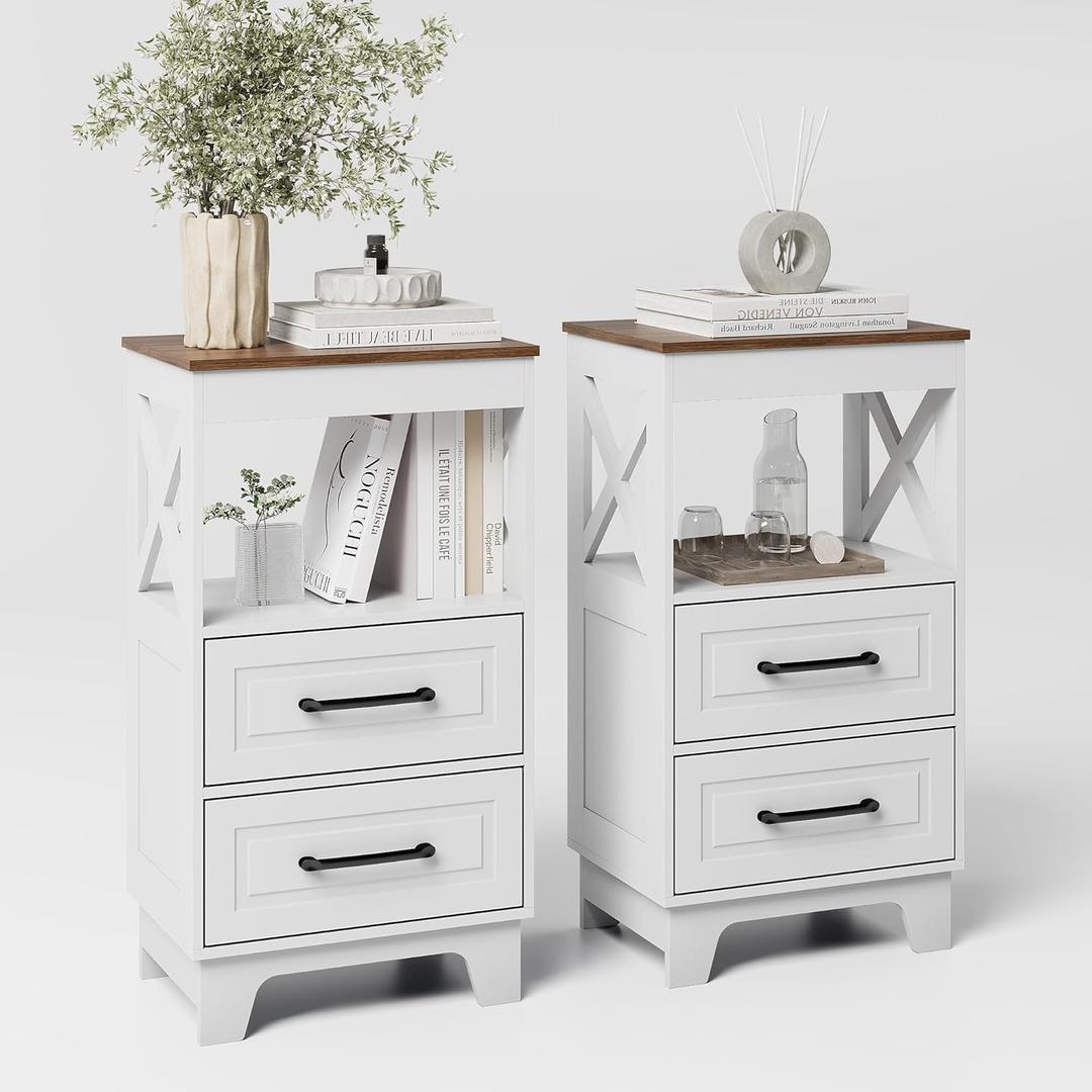 Tall Nightstand Set of 2 Side Table with 2 Drawers Modern Night Stand Wooden Rustic End Table Bedside Table with Below Open Shelf Solid Feet for Bedroom White+Walnut, Bottom Drawers