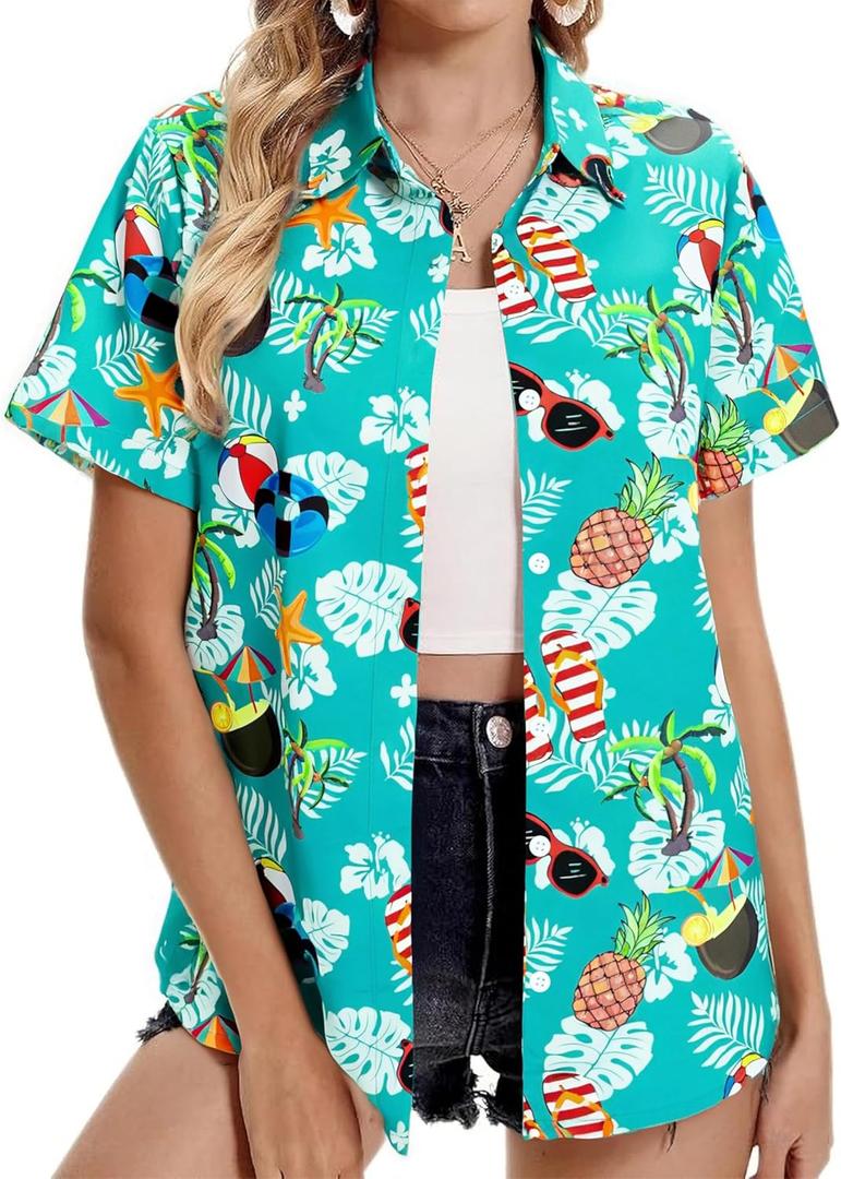 Women's Hawaiian Shirts Soft Cool Hawaiian Outfits Tropical Botanical Print Beach Vacation Clothes Summer Tops Button Up (L)
