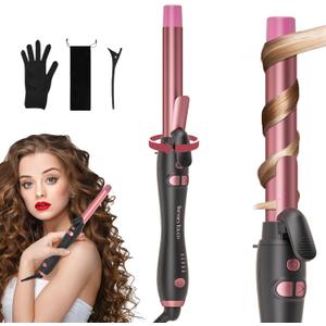 Rotating Curling Iron 1 Inch, Automatic Extra-Long Barrel Curling Iron with 30s Fast Heating for Beginners Long Hair Lasting Waves, Adjustable Temperature, Universal Voltage for Travel, Rose Gold