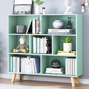 IOTXY Wooden Open Shelf Bookcase - 3-Tier Floor Standing Display Cabinet Rack with Legs, 7 Cubes Bookshelf, Tiffany-Green (80CM)