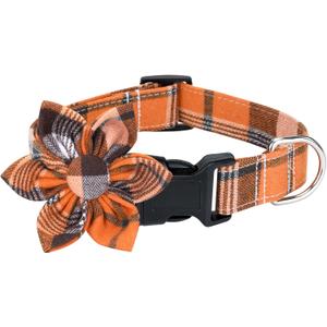 Malier Thanksgiving Dog Collar with Flower, Classic Buffalo Plaid Fall Dog Collar with Buckle Adjustable Thanksgiving Collars with Bow Tie for Small Medium Large Dogs Puppy (Small)