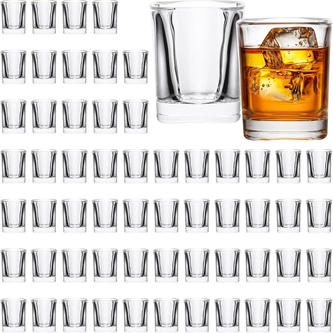 60-Pack 2.2oz Heavy Base Square Shot Glasses Bulk with 10 Pourers, Clear Glass Shooters Set, Whiskey, Espresso, Party Favors, Wedding And Birthday Gifts
