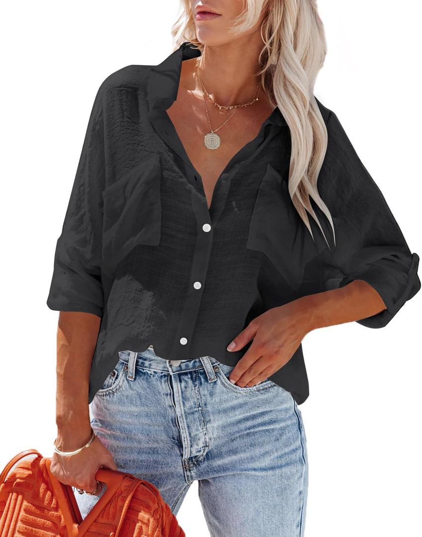Womens Button Down Shirts Cotton Roll-up Long Sleeve Blouses Top with Pockets V Neck Casual Solid Tunics (Small)