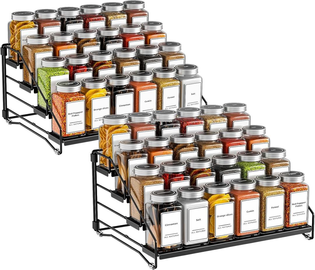 BOIVSHI 4 Tier Spice Rack Organzier, Spice Rack for Cabinet, Adjustable Depth Seasoning Shelf for Countertop, Pantry, Seasoning Organizer, Metal, Black (2 Pack)