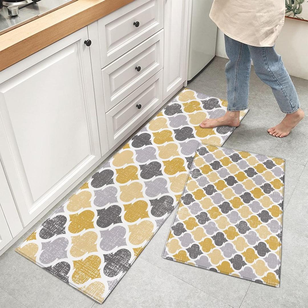 Kitchen Mats for Floor, Moroccan Tile Print Geometric Quatrefoil Trellis Printed Yellow Grey Kitchen Rugs, Kitchen Organization Anti-Fatigue Kitchen Mat, Kitchen Decor Runner Rug Standing Desk Mats (15.7x23.6in+15.7x47.2in, Moroccotmy6209)