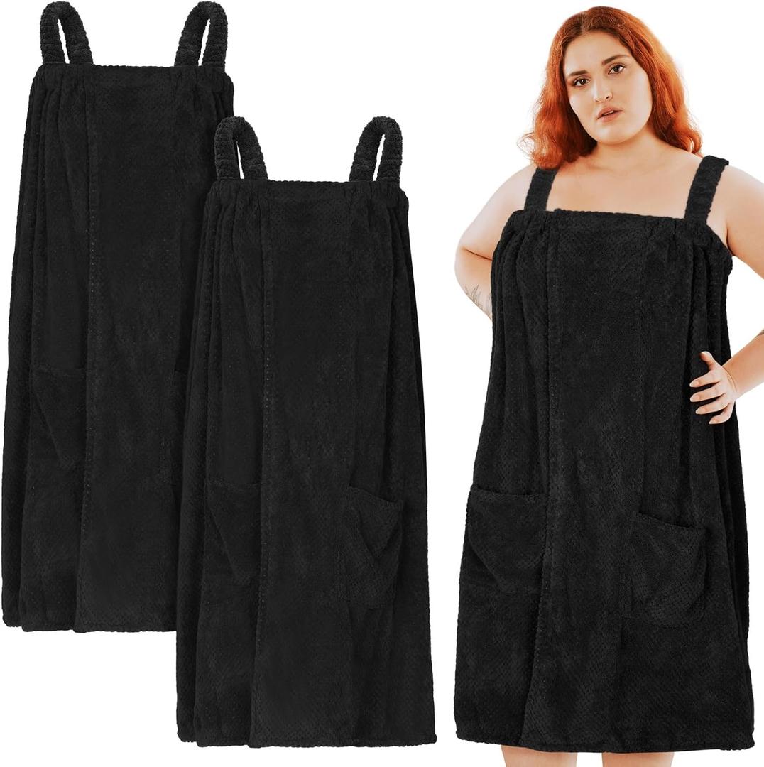 Tigeen 2 Pcs Plus Size Towel Wrap for Women Bath Wrap Towel Dress Terry Cloth Spa Robe with Straps Adjustable Closure(Black,Xxl-4xl)