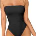 OQQ Womens Tube Bodysuits Strapless Basic Sleeveless Ruched Stretch Classic-Fit Tops Sexy Bodysuits (Large, Black)